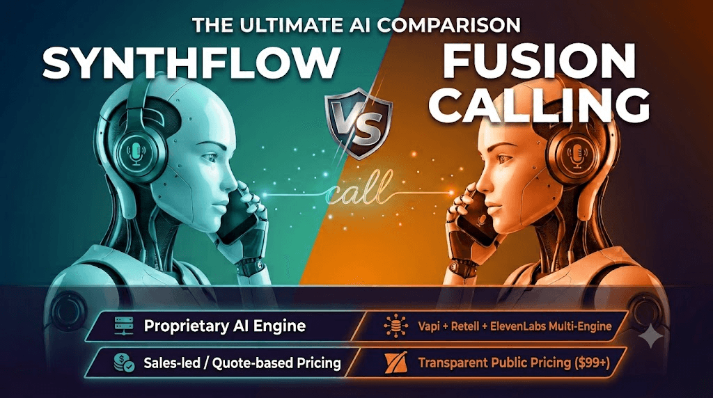 Best Synthflow Alternatives for AI Phone Call Agents Synthflow vs Fusion Calling comparison - Synthflow is a well-known, enterprise-oriented voice AI platform. Here's how Fusion Calling compares on pricing transparency, providers, and speed to launch.