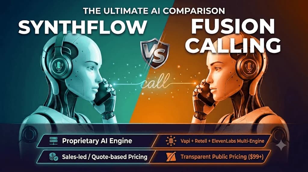 Best Synthflow Alternatives for AI Phone Call Agents Synthflow vs Fusion Calling comparison - Synthflow is a well-known, enterprise-oriented voice AI platform. Here's how Fusion Calling compares on pricing transparency, providers, and speed to launch.