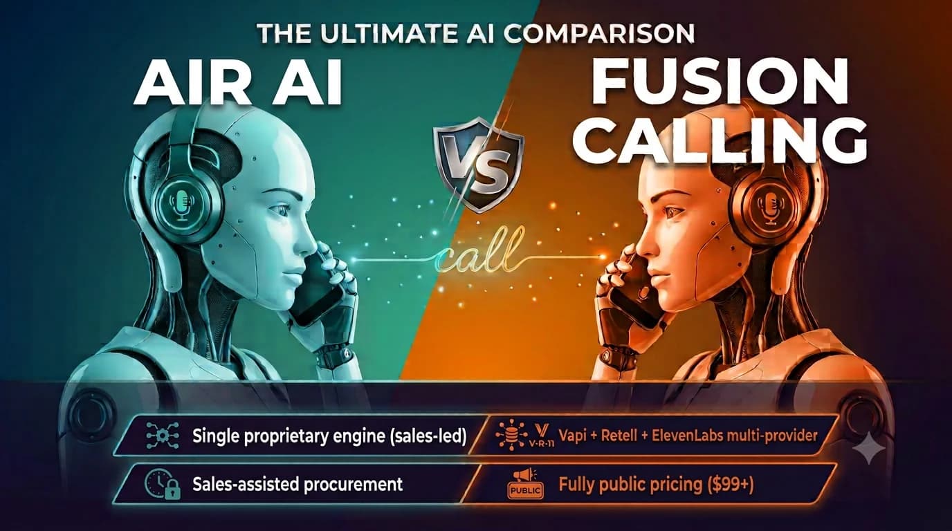 Best Air AI Alternatives for AI Phone Call Agents Air AI vs Fusion Calling comparison - Air AI is a popular autonomous AI agent platform with long-term memory. Here's how it compares with Fusion Calling for agencies reselling voice AI.